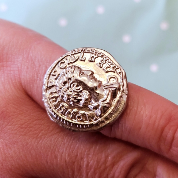 Handmade Jewelry - Silver Greek Coin Plastic Button Adjustable Ring OOAK Handmade